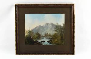 lot 55 image: Signed Mountain Landscape Painting