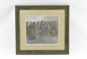 lot 57 image: Signed Watercolor of People in Line by Herta Czoernig-Gohanz