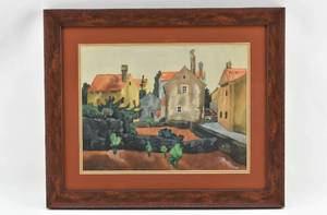 lot 59 image: Signed European Village Watercolor by Rudolf Haybach
