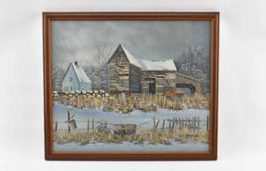 lot 71 image: Signed Painting of a Farm in Winter