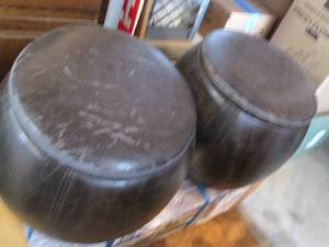 lot 144 image: Pair of rustic acorn shaped storage...