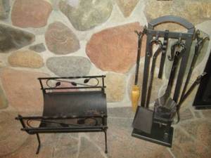 lot 14 image: Fireplace tool set and log holder.