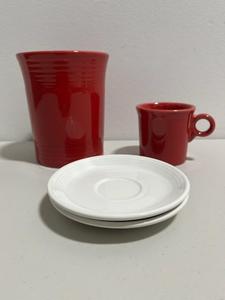 lot 9 image: Vintage Homer Laughlin Fiesta Scarlet Red Coffee Mug, Cookie Jar, and White Saucer Plates