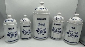 lot 16 image: Vintage Porcelain Salt, Pepper, Coffee, Biscuits, and Tea Containers