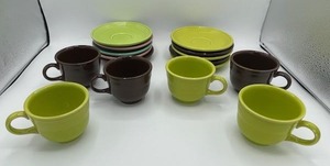 lot 36 image: Vintage Fiesta Coffee Cups and Saucer Lot - Lime Green, Brown, Salmon