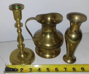 Brass Pitcher, Vase And Candleholder.