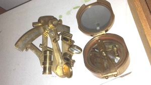 Vintage brass navigation items and box. Compass and more
