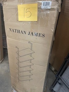 lot 15 image: Nathan James 30 in. Wide Rustic OakWhite 6-Shelf Tall Ladder Bookcase Wall Mount Bookshelf Matte White Metal Frame Customer return see pictures