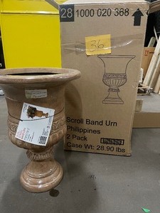 lot 36 image: Lot of 2 21.25 in. H Aged Ivory Finish Stone Scroll Band Urn