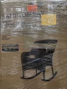 lot 41 image: Hampton Bay Cambridge Brown Wicker Outdoor Patio Rocking Chair with CushionGuard Midnight Navy Blue Cushions