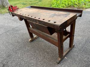 lot 108 image: Vintage Wooden Work Bench with Single Drawer and Scout Bench Vise