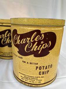lot 109 image: Vintage Metal Tins Including Charles Chips and Empeco Bread Box