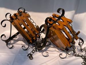 lot 138 image: Two Vintage Wood And Metal Hanging Plant Holders