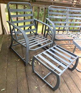 lot 39 image: Patio Loveseat, 2 Chairs, 2 Glass Top Tables and an Ottoman