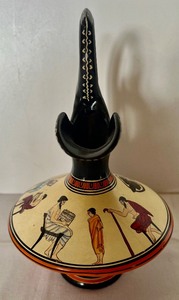 lot 427 image: Vintage Painted School Scene Handled Greek Vase