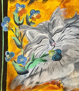 lot 363 image: Hand Painted Cat Themed Mat by Joan Langness