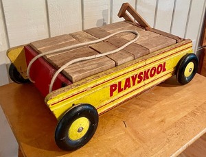lot 367 image: Vintage Wooden Playskool Wagon Filled with Blocks