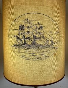lot 390 image: Vintage Brass Based Lamp with Ship Themed Shade