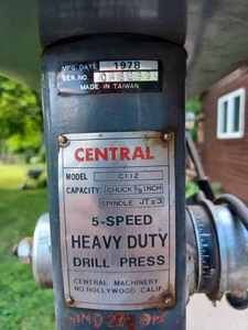 lot 24 image: 1978 Central Model C112 Five Speed Bench Model Drill Press Mounted on a Steel Shop Stand in Working Condition