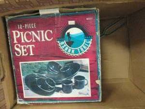 propane stove and picnic set dishes...