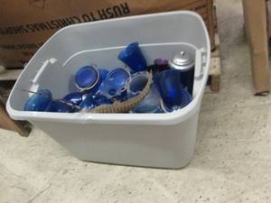tote of blue glass items ...