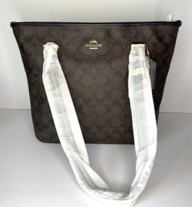 lot 17B image: Coach BrownBlack Leather Signature Zip Top Tote