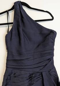 lot 223 image: Versace Navy One Shoulder Wool and Silk Blend Dress