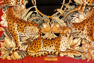 lot 115 image: Salvatore Ferragamo Twill Silk Leopard Red Vintage Scarf