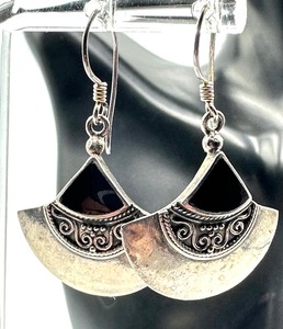 lot 410 image: Pair of Sterling and Onyx Earrings