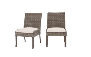 lot 217 image: Set of 2 Hampton Bay Windsor Brown Wicker Outdoor Patio Dining Chair with Cushions (CUSHIONS ARE BARE)