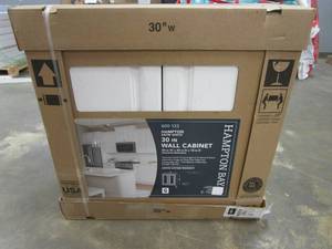 lot 208 image: Hampton Bay Hampton 30 in. W x 12 in. D x 30 in. H Assembled Wall Kitchen Cabinet in Satin White (SCUFFS ON FRONT)