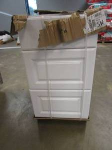 lot 209 image: Hampton Bay Hampton 18 in. W x 24 in. D x 34.5 in. H Assembled Drawer Base Kitchen Cabinet in Satin White with Drawer Glides (SCUFFS ON FRONT)