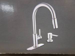 lot 301 image: Glacier Bay Paulina Single-Handle Pull-Down Sprayer Kitchen Faucet with TurboSpray, FastMount and Soap Dispenser in Stainless Steel - OPEN BOX