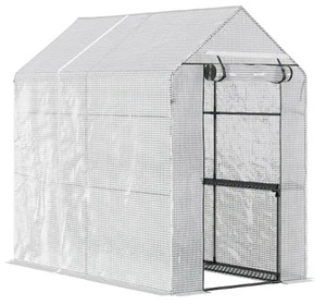 lot 336 image: Outsunny 73 in. W x 47 in. D x 75 in. H Steel White Walk-in Greenhouse with Tunnel Shed wRoll-up Door and 4 Shelves White - OPEN BOX