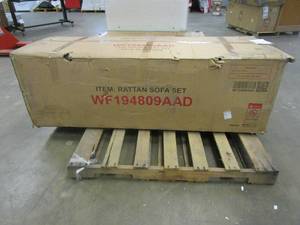 lot 363 image: This is 1 of 3 boxes for a Rattan Sofa Set. This Box Contains 2 Side Tables, Cushions and Parts for the Sofa (Missing Hardware) INCOMPLETE - SOLD AS IS