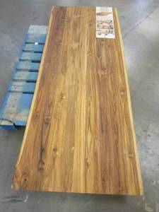 lot 364 image: Interbuild Teak 2-SIde Live Edge Lamella Panel. Dimensions 78.7 x 31.5 x 1.2. COUPLE DINGS AND SCRATCHES ON CORNERS AND EDGES.