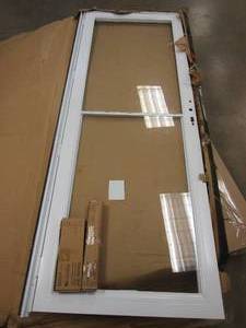 lot 365 image: ANDERSON 2000 Series White Storm Door 30 x 80 Full Lite, Includes Nickel Hardware Shown In Photos - Missing Screen, Slight Scratch and Dent.