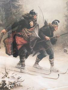lot 111 image: Framed Norwegian Vikings Print and Figurines