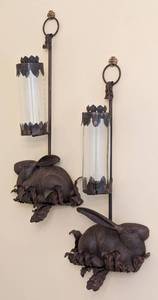 lot 5 image: Pair of Vintage Iron Rabbit Hanging Candleholders