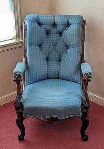 lot 93 image: Vintage Plaid Upholstered Carved Wood Armchair