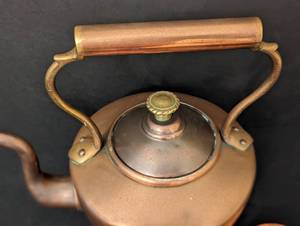 lot 168 image: Vintage Copper Gooseneck Kettle and Spoon