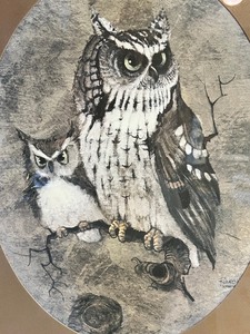 lot 104 image: Vintage SCREECH OWL Wooden Framed Wall Art by RICHARD HINGER