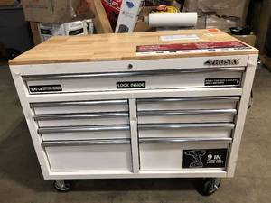 Husky 46 in. W x 24.5 in. D Standard Duty 9-Drawer Mobile Workbench Cabinet with Solid Wood Top in Gloss White Customer Returns See Pictures