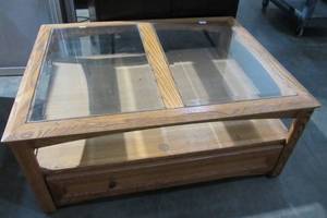 lot 22 image: Wood & Glass Rolling Coffee Table
