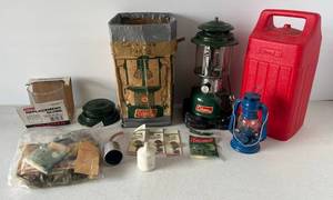 lot 2 image: Vintage Coleman Two-Mantle Lantern With Original Box Model ( 220F-195 ), Extra Coleman Lantern Parts And Hard Case