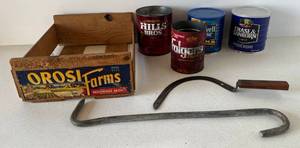 lot 14 image: Group Of Misc. Vintage Items Including Orosi Farms Wood Crate And More