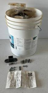 lot 23 image: 5 Gallon Bucket Full Of Basic Panel HDW. C-1 Stseel Mounting Brackets ( Very Heavy )