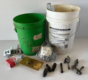 lot 24 image: Two 5 Gallon Buckets Full Of Misc. Bracket Including Garage Door Hardware And More
