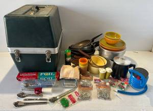 lot 30 image: Hard Case Full Of Vintage Aluminum Pots And Pans For Camping And More