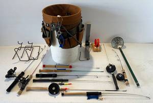 lot 35 image: Group Of Misc. Ice Fishing Poles, Pole Holders And More
